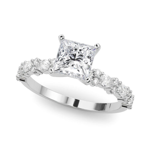 White gold Princess Solitaire with Side Stones, Pave Band, Four-Prong Setting