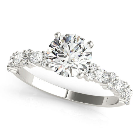 White gold Round Solitaire with Side Stones, Pave Band, Four-Prong Setting