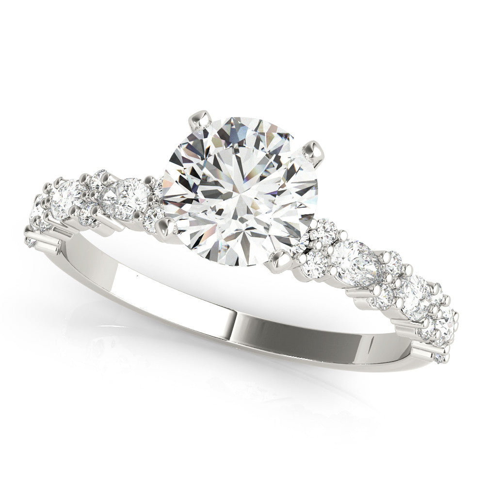 White gold Heart Solitaire with Side Stones, Pave Band, Four-Prong Setting