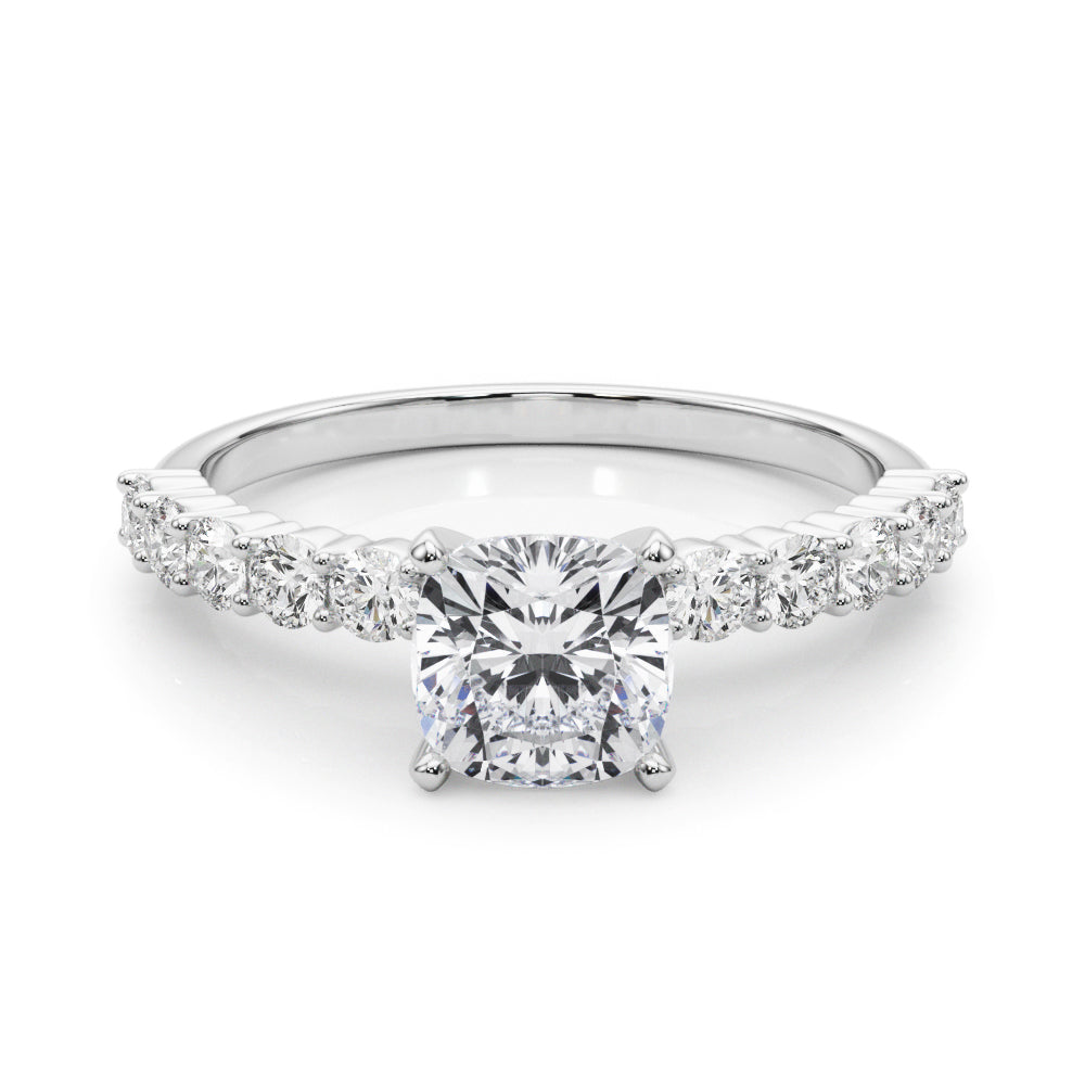 Silver Cushion Diamond Pavé Band Solitaire with Four-Prong Setting