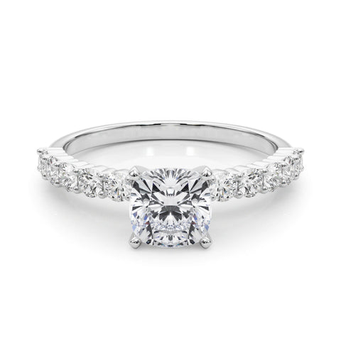 Silver Cushion Diamond Pavé Band Solitaire with Four-Prong Setting
