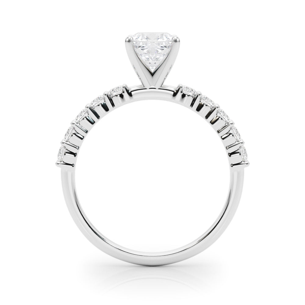 Silver Cushion Diamond Pavé Band Solitaire with Four-Prong Setting