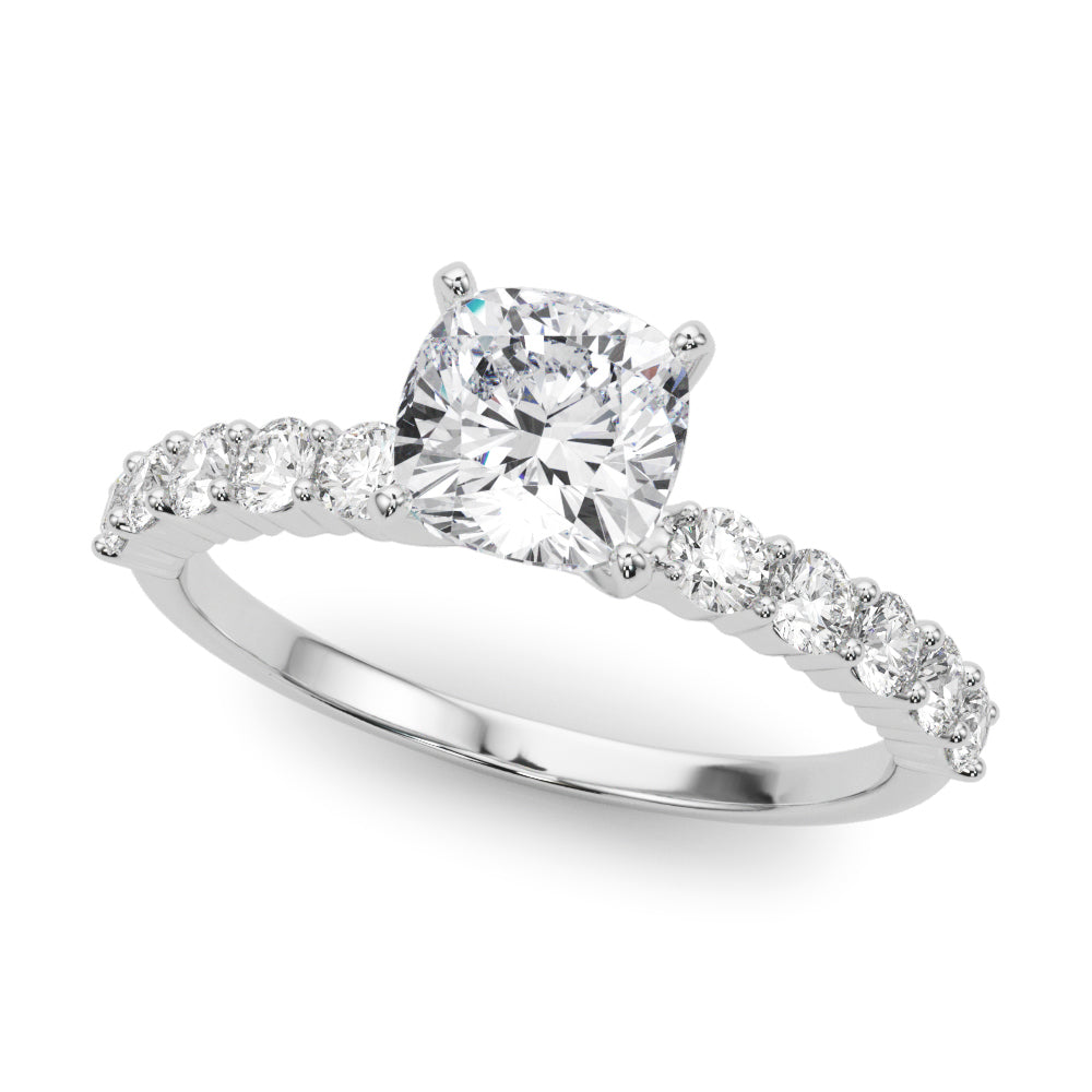 Silver Cushion Diamond Pavé Band Solitaire with Four-Prong Setting