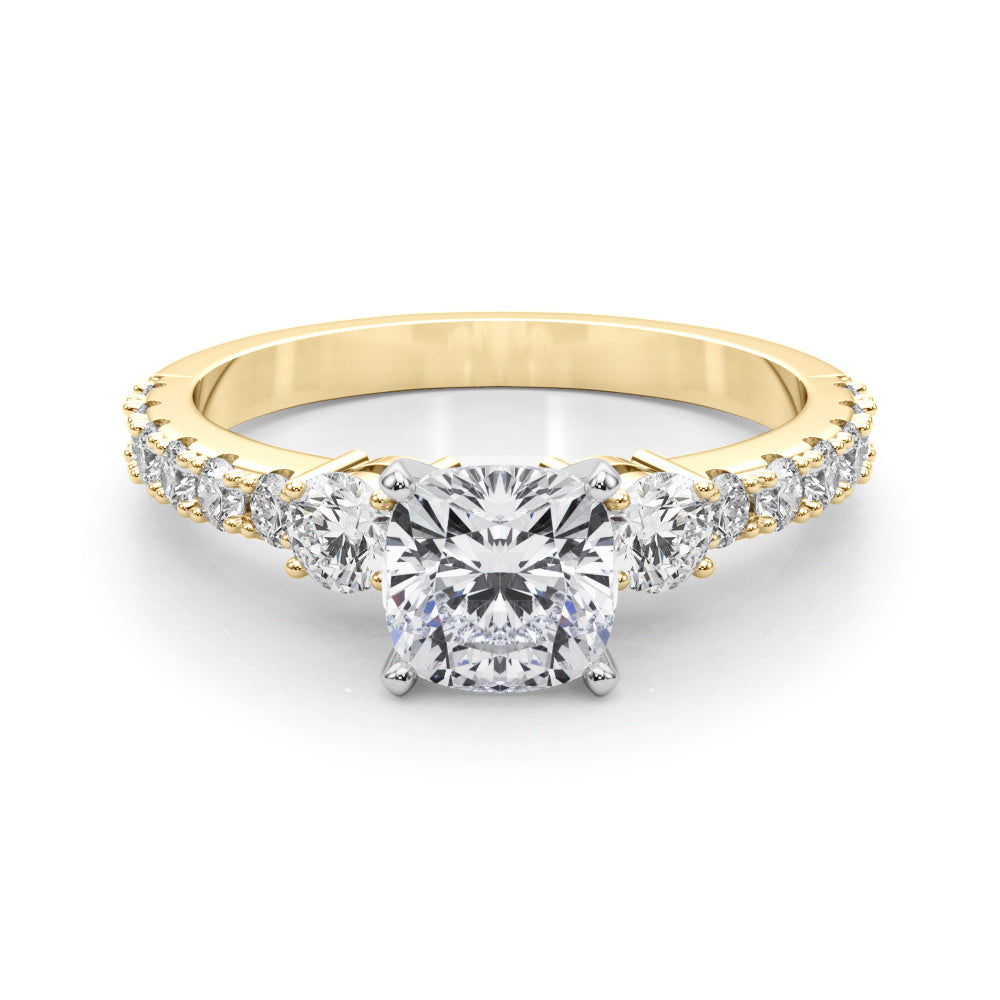 Yellow gold Cushion Cut Three-Stone Diamond Pavé Band with Prong Setting