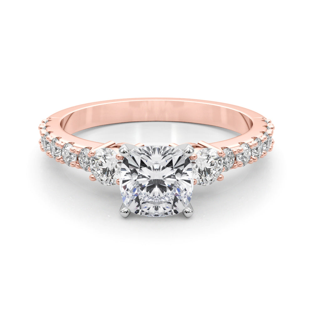 Rose gold Cushion Cut Three-Stone Diamond Pavé Band with Prong Setting