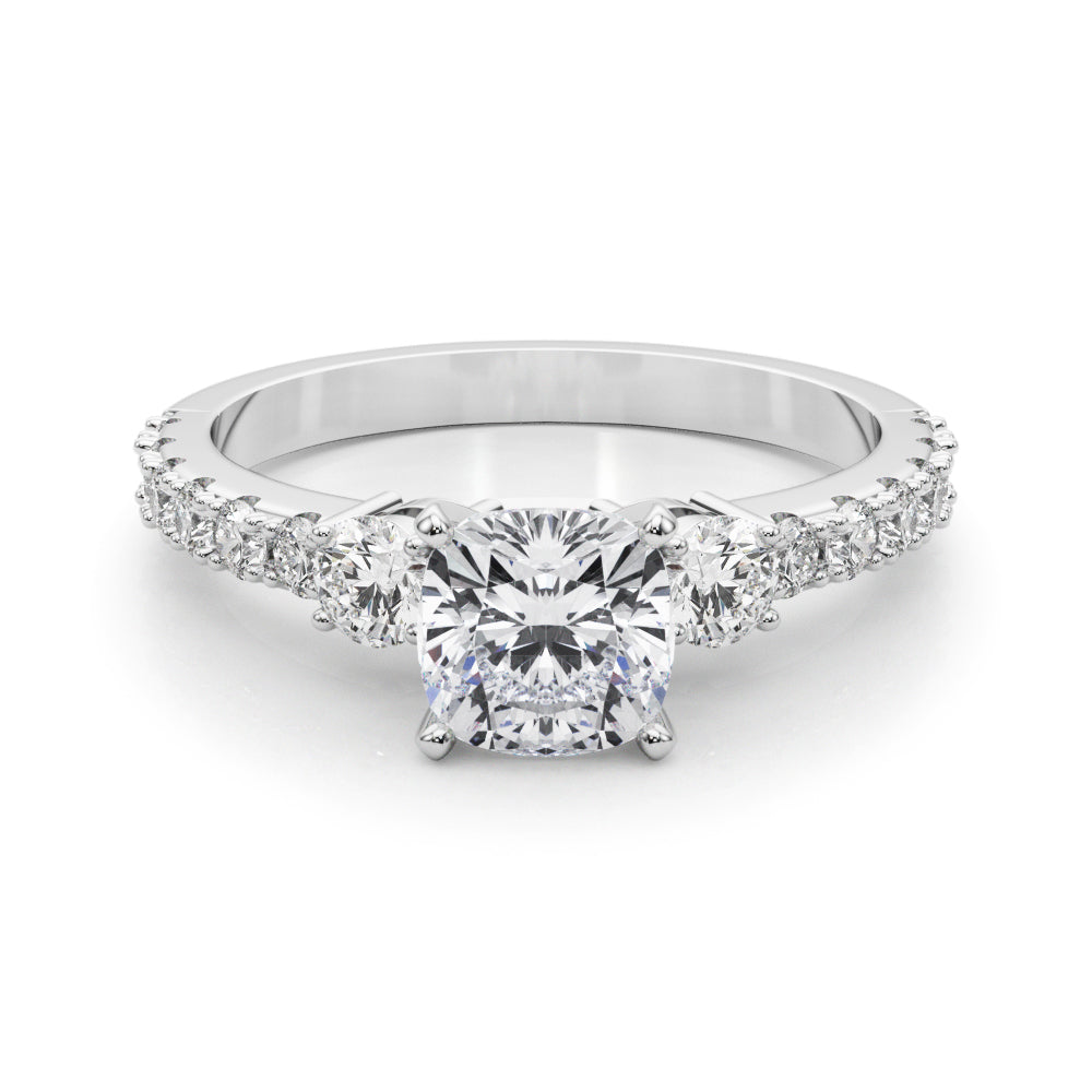 White gold Cushion Cut Three-Stone Diamond Pavé Band with Prong Setting