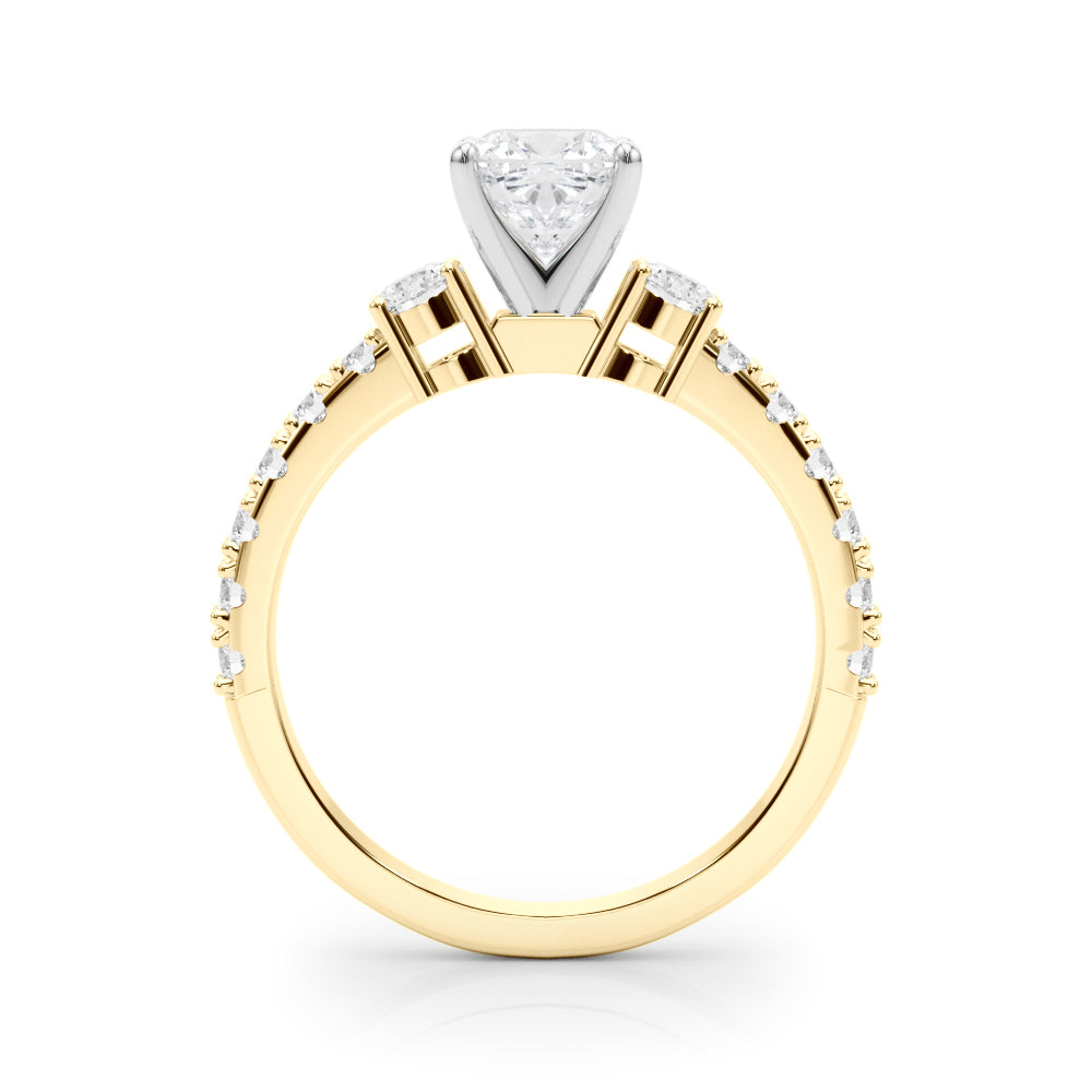 Yellow gold Cushion Cut Three-Stone Diamond Pavé Band with Prong Setting