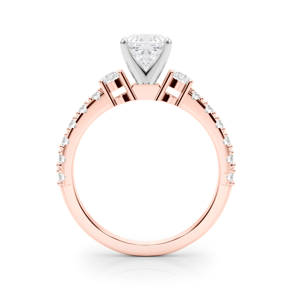 Rose gold Cushion Cut Three-Stone Diamond Pavé Band with Prong Setting