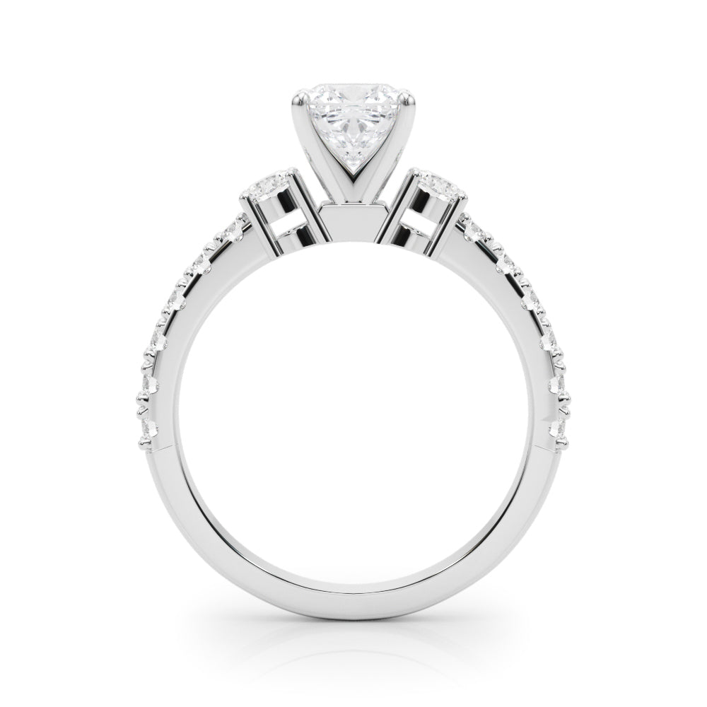 White gold Cushion Cut Three-Stone Diamond Pavé Band with Prong Setting