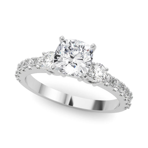 Platinum Cushion Cut Three-Stone Diamond Pavé Band with Prong Setting