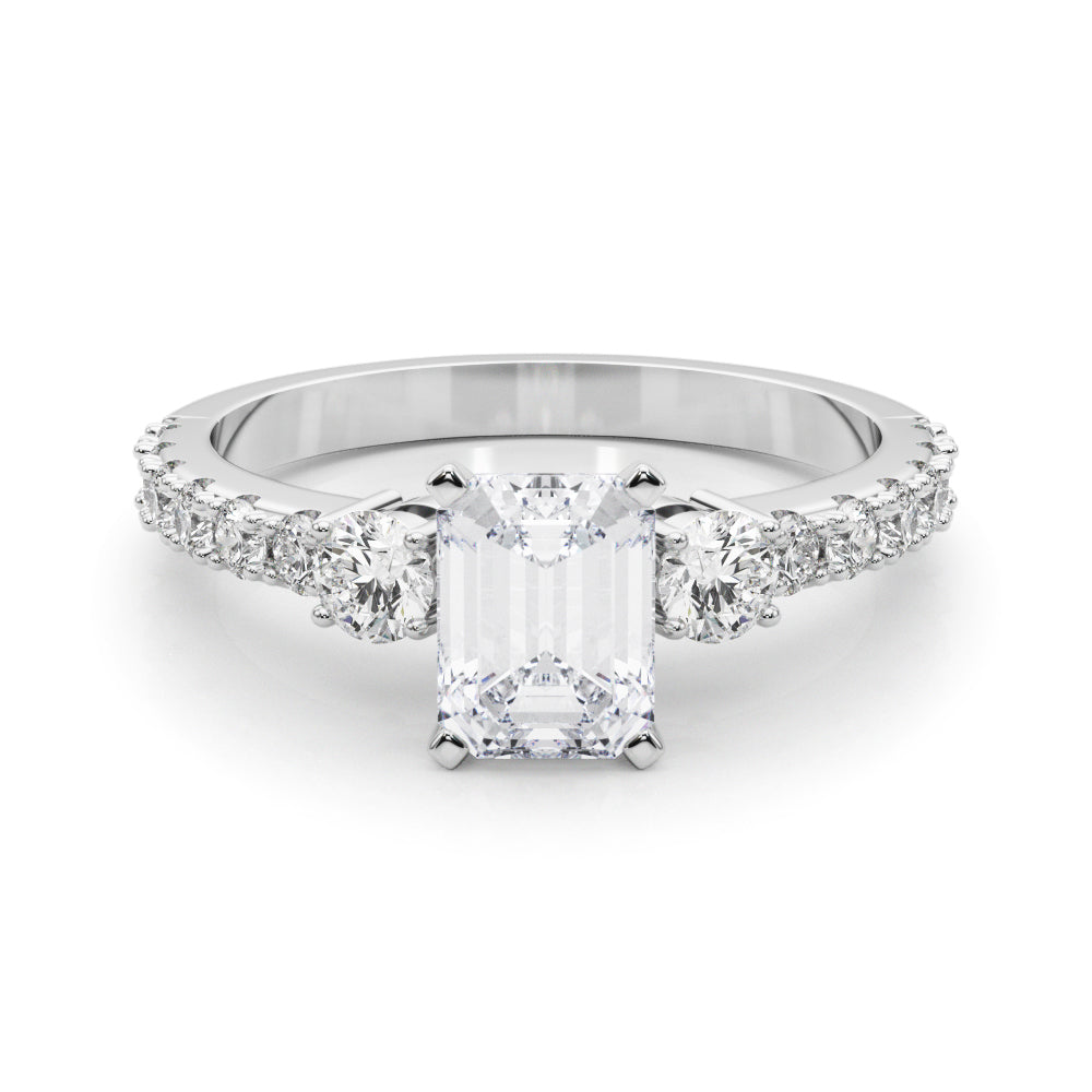 White gold Radiant Cut Three-Stone Diamond Pavé Band with Prong Setting