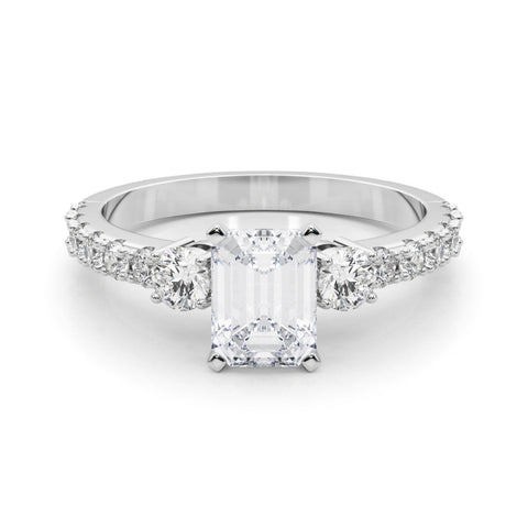 Platinum Emerald Cut Three-Stone Diamond Pavé Band with Prong Setting