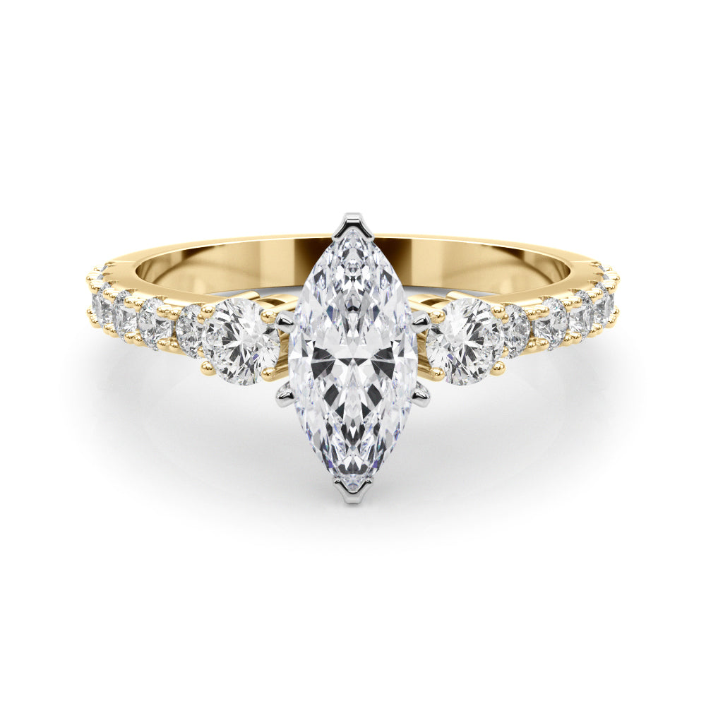 Yellow gold Marquise Cut Three-Stone Diamond Pavé Band with Prong Setting