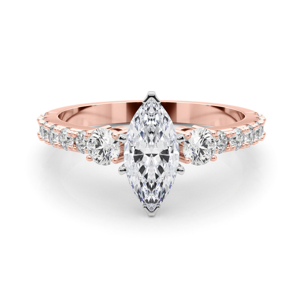 Rose gold Marquise Cut Three-Stone Diamond Pavé Band with Prong Setting