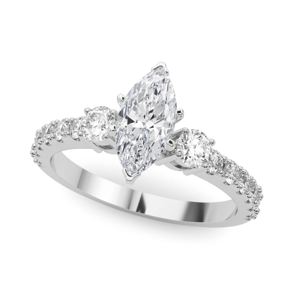 Platinum Marquise Cut Three-Stone Diamond Pavé Band with Prong Setting