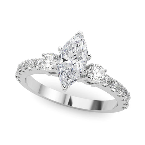 Silver Marquise Cut Three-Stone Diamond Pavé Band with Prong Setting