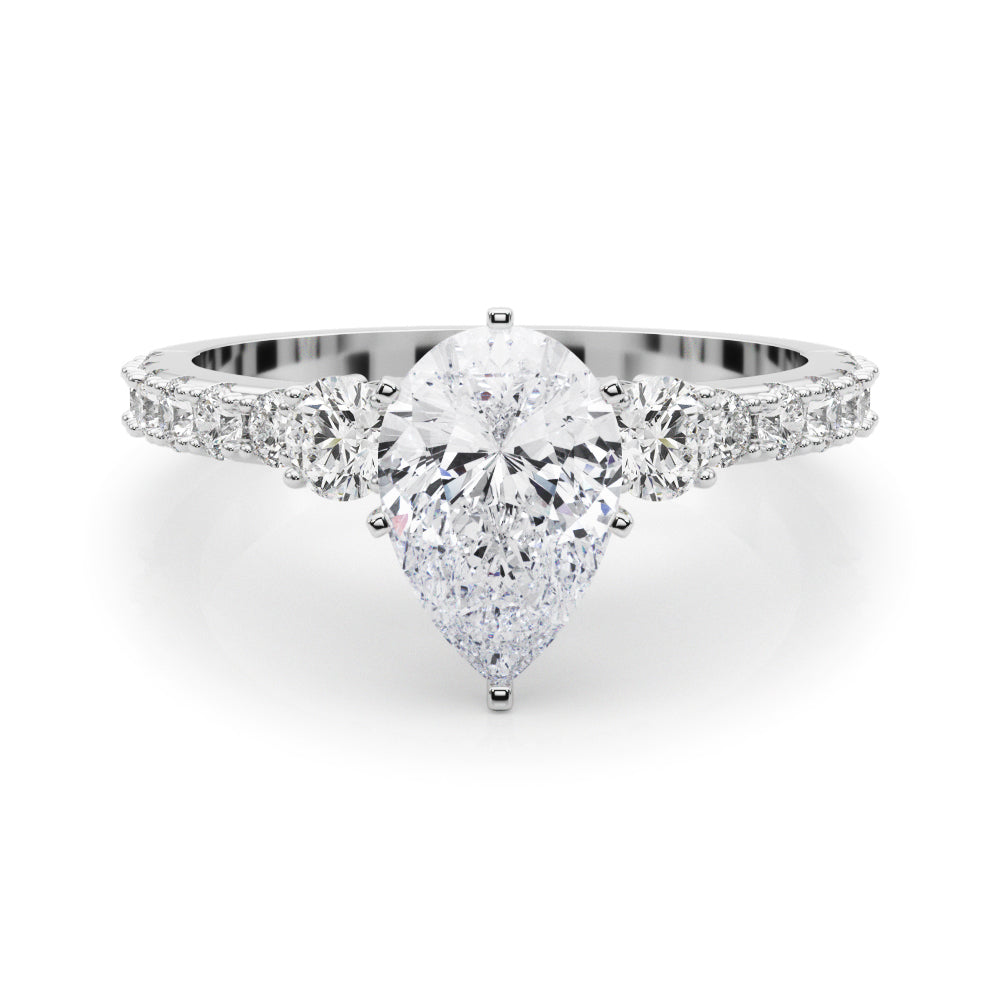 Platinum Pear Cut Three-Stone Diamond Pavé Band with Prong Setting