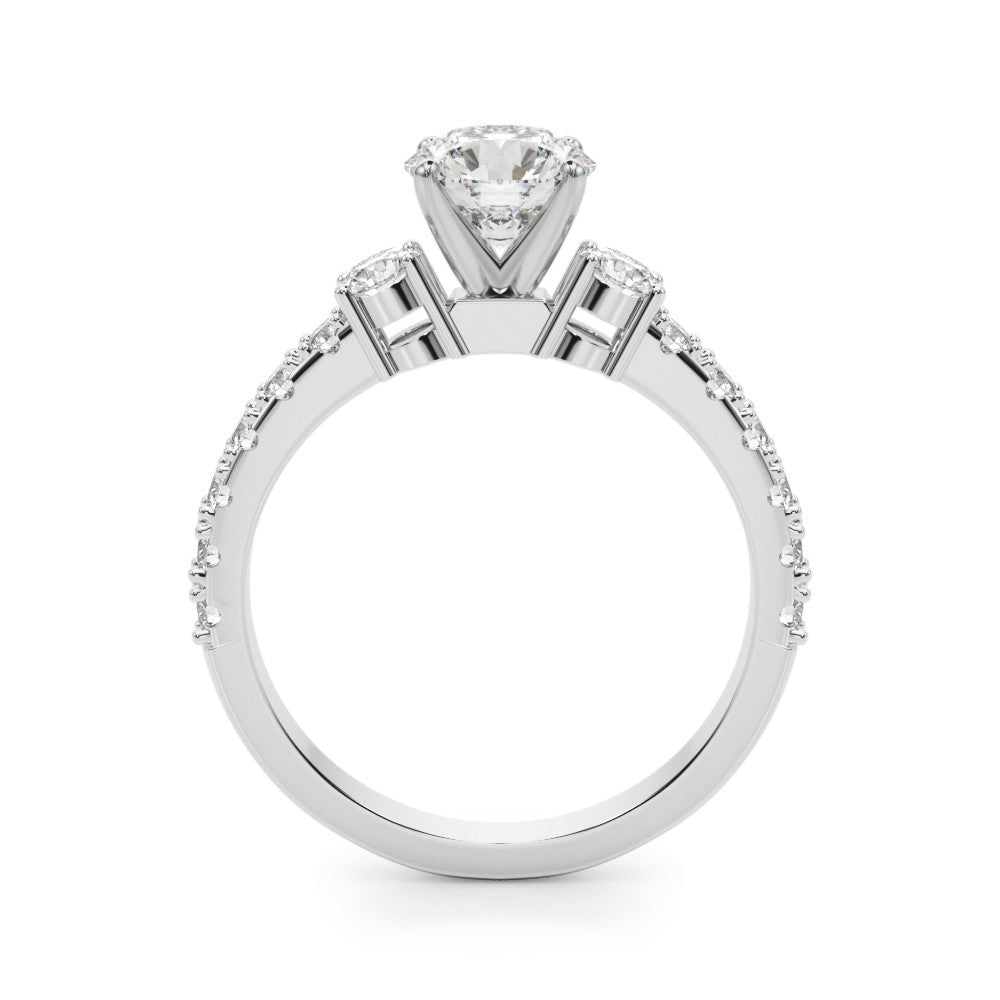 Platinum Round Cut Three-Stone Diamond Pavé Band with Prong Setting