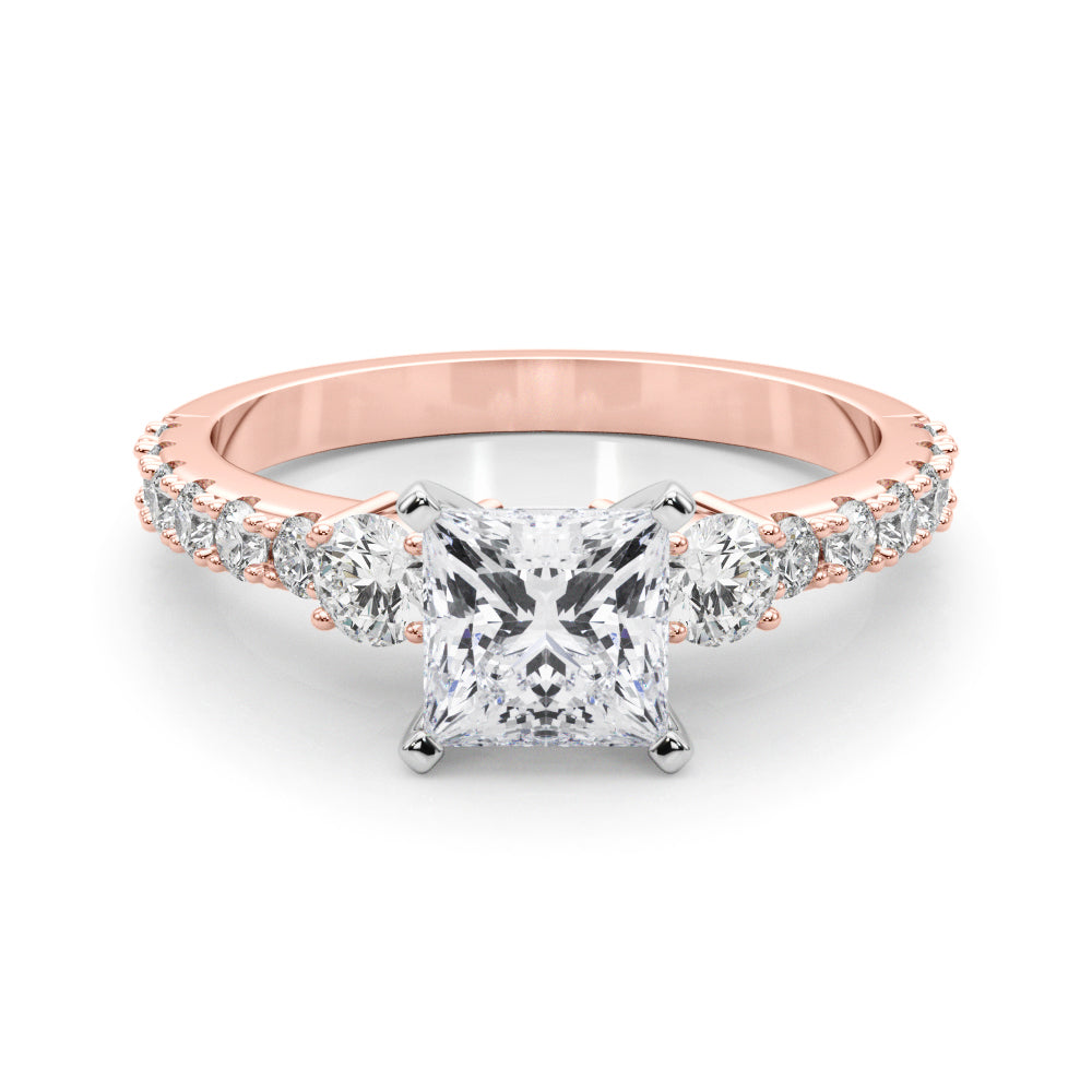 Rose gold Princess Cut Three-Stone Diamond Pavé Band with Prong Setting