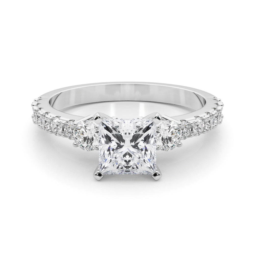 Silver Princess Cut Three-Stone Diamond Pavé Band with Prong Setting