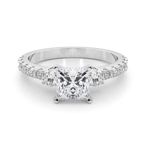 Silver Princess Cut Three-Stone Diamond Pavé Band with Prong Setting