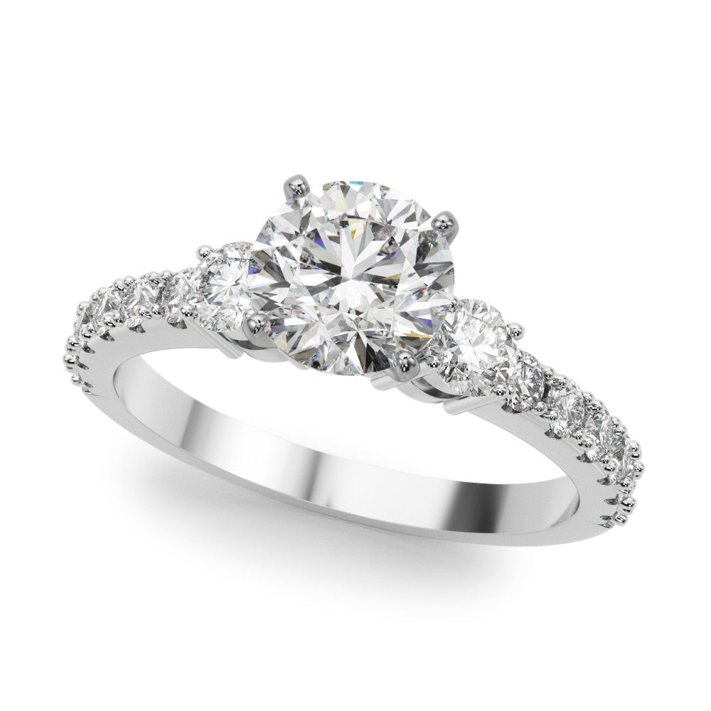 Platinum Round Cut Three-Stone Diamond Pavé Band with Prong Setting