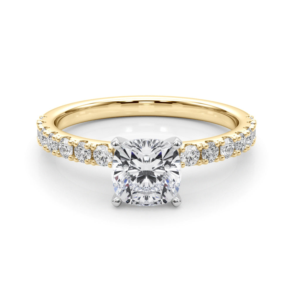 Yellow gold Cushion Solitaire Pavé Band with Four-Prong Setting