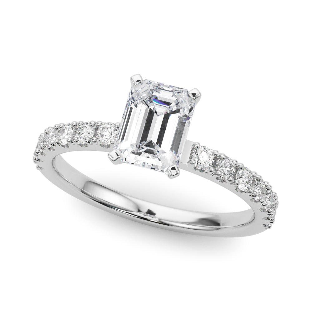 Platinum Emerald Solitaire Pavé Band with Four-Prong Setting