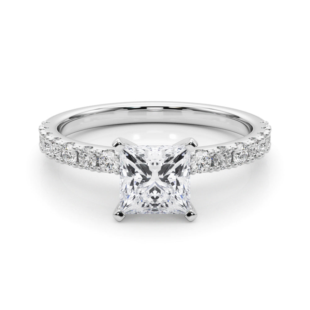 White gold Princess Solitaire Pavé Band with Four-Prong Setting