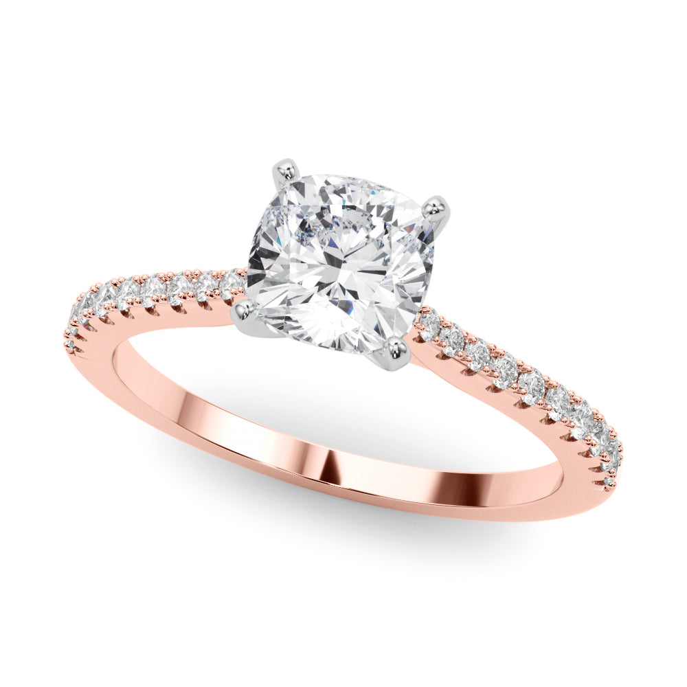 Rose gold Cushion Cut Solitaire Diamond Engagement Ring with Pave Band and Four-Prong Setting