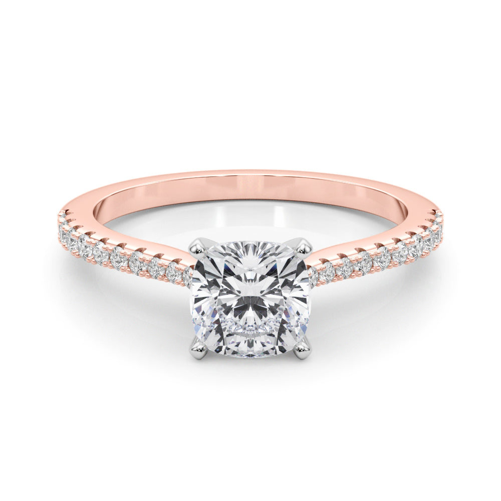 Rose gold Cushion Cut Solitaire Diamond Engagement Ring with Pave Band and Four-Prong Setting