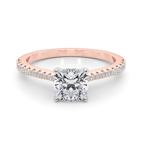 Rose gold Cushion Cut Solitaire Diamond Engagement Ring with Pave Band and Four-Prong Setting
