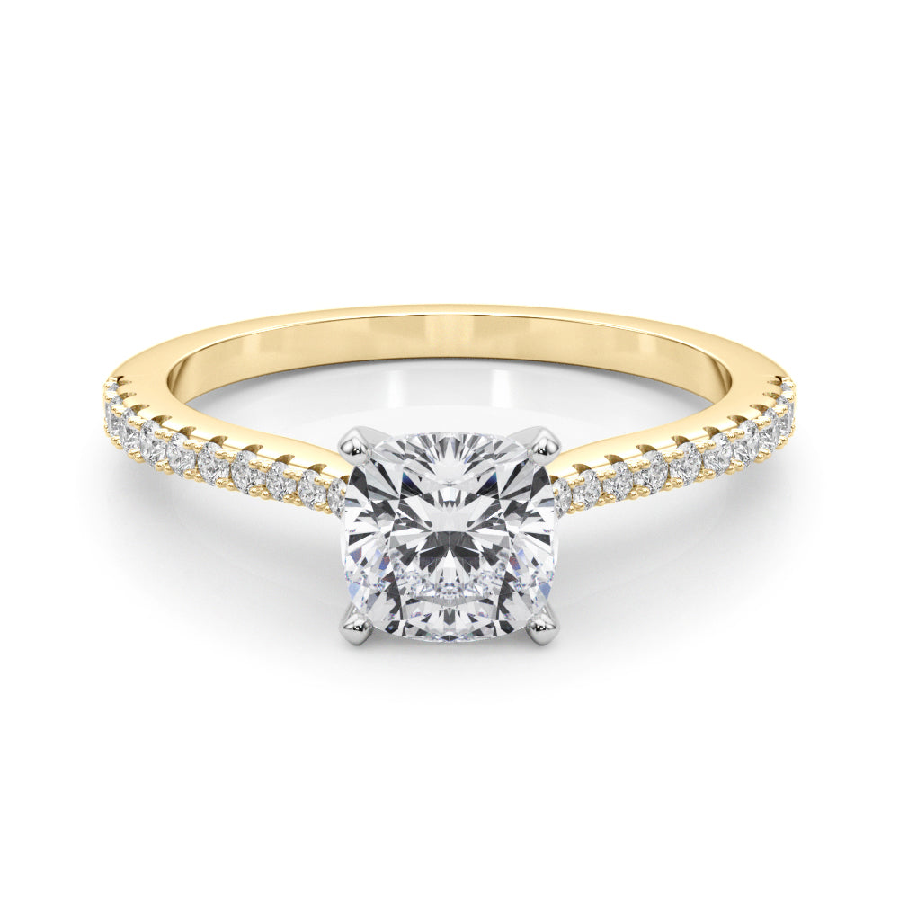 Yellow gold Cushion Cut Solitaire Diamond Engagement Ring with Pave Band and Four-Prong Setting