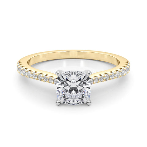 Yellow gold Cushion Cut Solitaire Diamond Engagement Ring with Pave Band and Four-Prong Setting