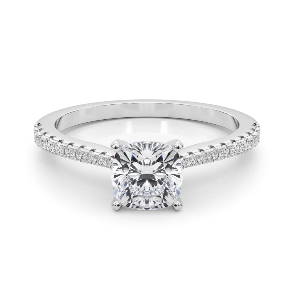 Silver Cushion Cut Solitaire Diamond Engagement Ring with Pave Band and Four-Prong Setting
