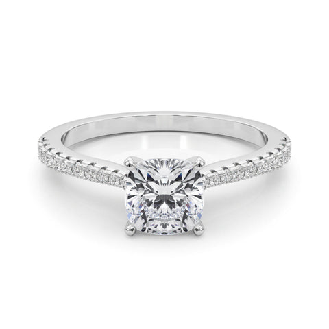 Platinum Cushion Cut Solitaire Diamond Engagement Ring with Pave Band and Four-Prong Setting