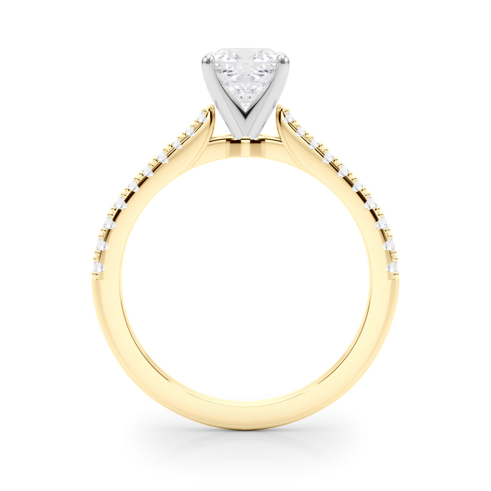 Yellow gold Cushion Cut Solitaire Diamond Engagement Ring with Pave Band and Four-Prong Setting