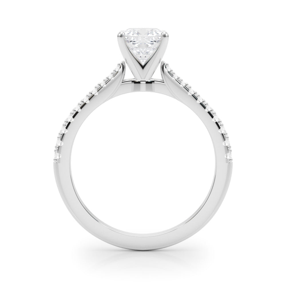 Silver Cushion Cut Solitaire Diamond Engagement Ring with Pave Band and Four-Prong Setting