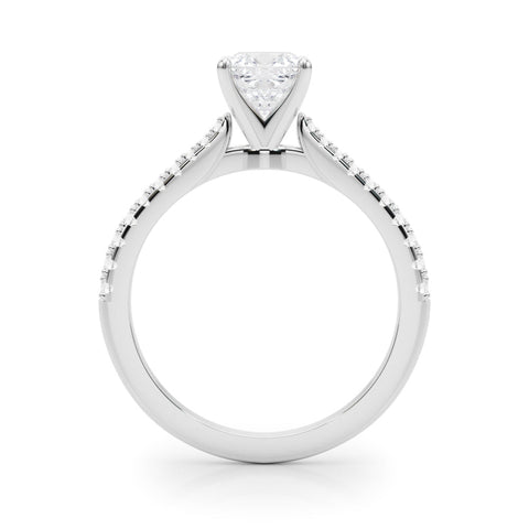 White gold Cushion Cut Solitaire Diamond Engagement Ring with Pave Band and Four-Prong Setting