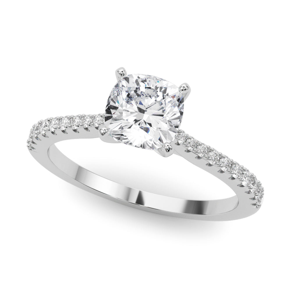 Platinum Cushion Cut Solitaire Diamond Engagement Ring with Pave Band and Four-Prong Setting