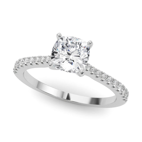 Platinum Cushion Cut Solitaire Diamond Engagement Ring with Pave Band and Four-Prong Setting