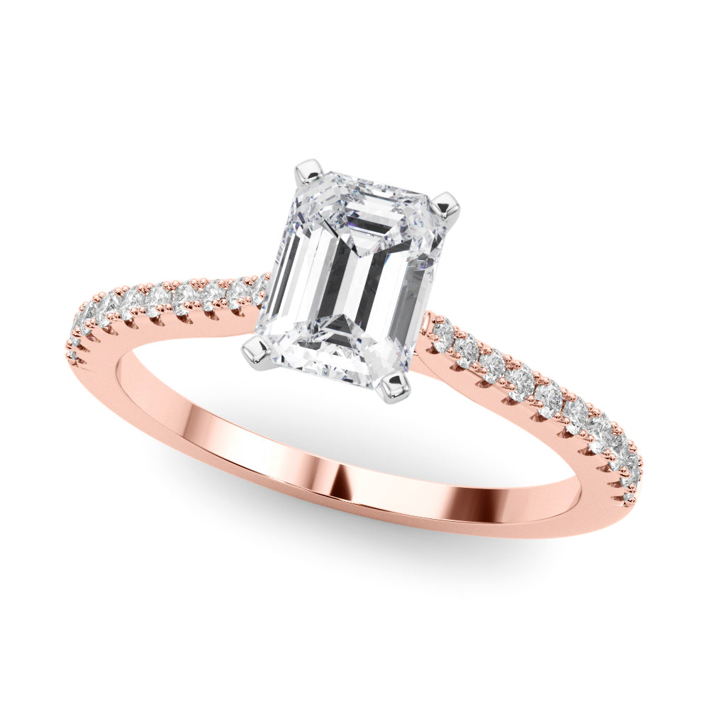 Rose gold Emerald Cut Solitaire Diamond Engagement Ring with Pave Band and Four-Prong Setting