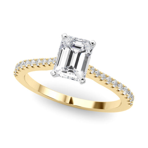 Yellow gold Emerald Cut Solitaire Diamond Engagement Ring with Pave Band and Four-Prong Setting