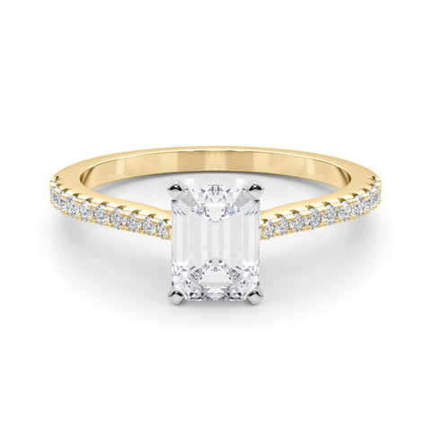 Yellow gold Emerald Cut Solitaire Diamond Engagement Ring with Pave Band and Four-Prong Setting