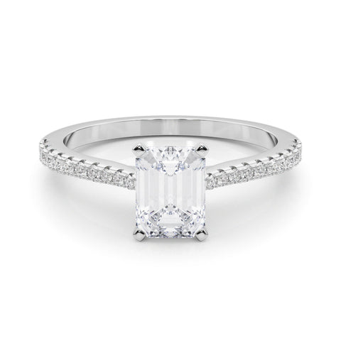 White gold Radiant Cut Solitaire Diamond Engagement Ring with Pave Band and Four-Prong Setting