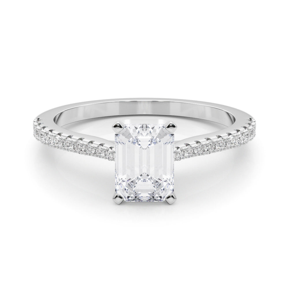 Silver Emerald Cut Solitaire Diamond Engagement Ring with Pave Band and Four-Prong Setting