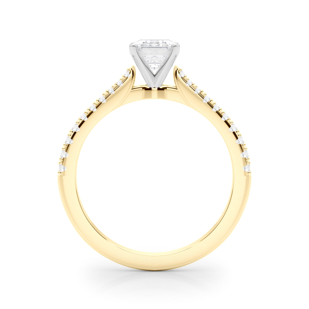 Yellow gold Radiant Cut Solitaire Diamond Engagement Ring with Pave Band and Four-Prong Setting