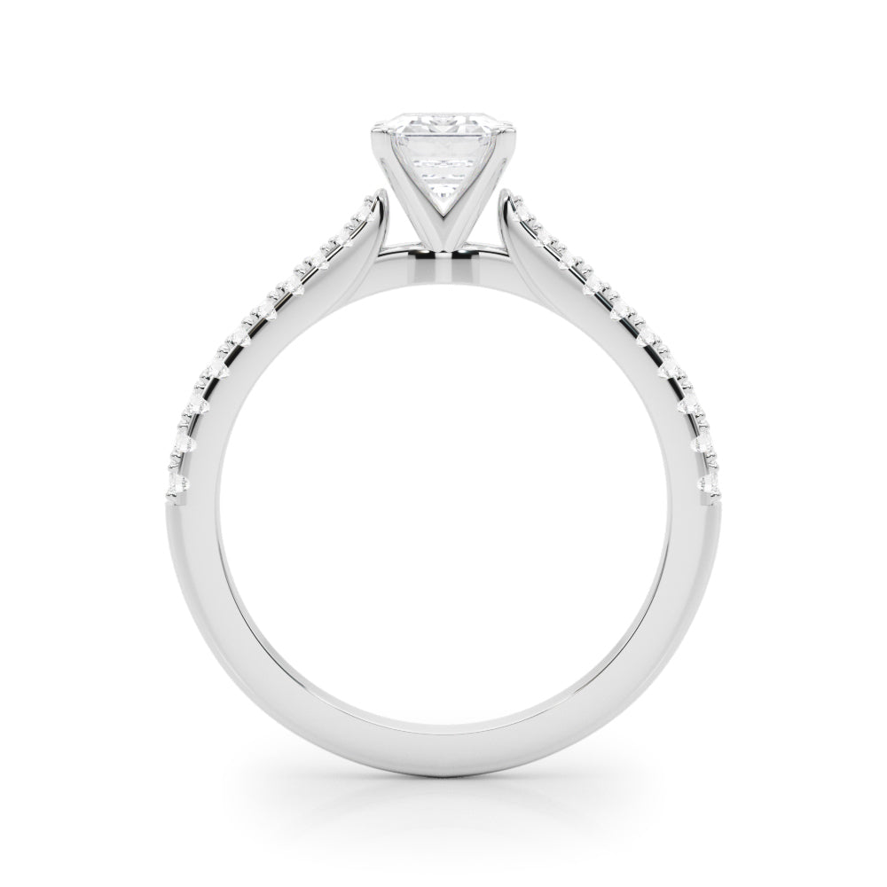 White gold Emerald Cut Solitaire Diamond Engagement Ring with Pave Band and Four-Prong Setting