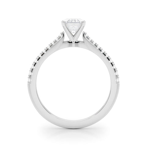 White gold Emerald Cut Solitaire Diamond Engagement Ring with Pave Band and Four-Prong Setting
