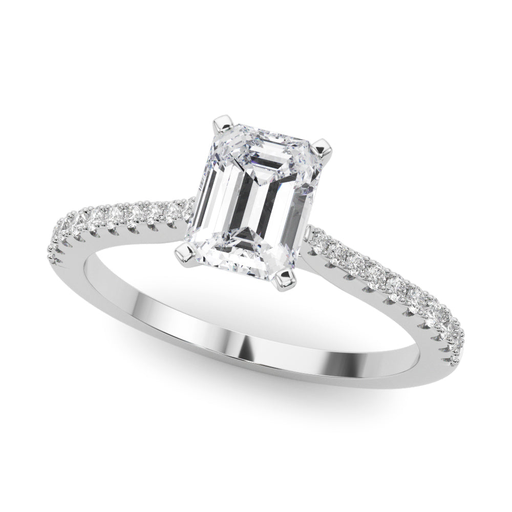 White gold Emerald Cut Solitaire Diamond Engagement Ring with Pave Band and Four-Prong Setting